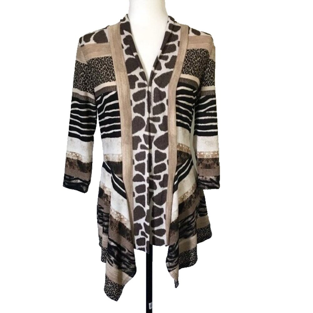 FRANK LYMAN Open Cardigan Cover Up 3/4 Sleeve Animal Print Size 6 Rayon Knit